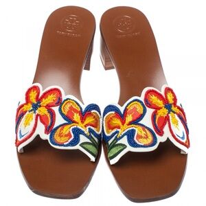 TORY BURCH Bianca Floral Bead Embellished Slide Sandal -Ivory Multi Runway 9.5